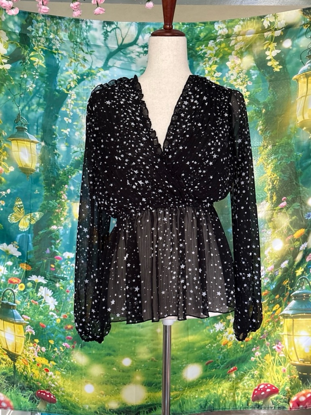 belle sky Black Star Print Sheer Peplum Blouse